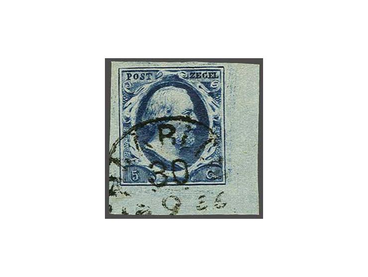 5 cent donkerblauw plaat III pos. 25 met hoekvelrand, pracht ex.