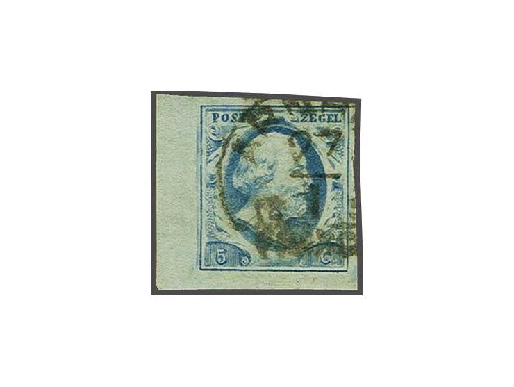 5 cent blauw plaat III pos. 46 met hoekvelrand, pracht ex.