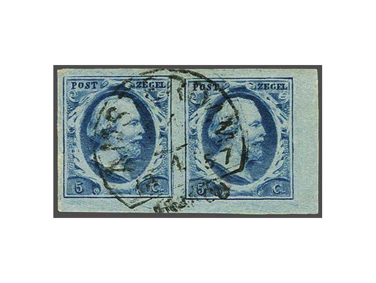 5 cent blauw plaat III pos. 74-75 in paar met velrand, luxe ex.