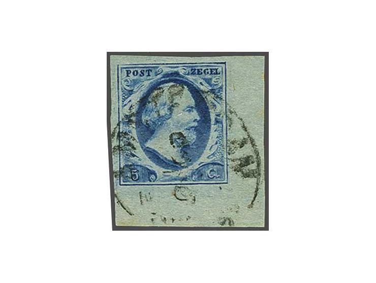 5 cent blauw plaat III pos. 75 met hoekvelrand, pracht ex.