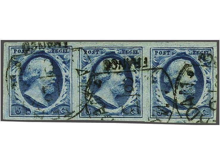 5 cent donkerblauw plaat III pos. 91-93 in strip van 3, pracht ex.