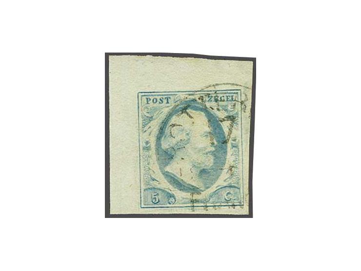 5 cent lichtblauw plaat IV pos. 76 met hoekvelrand, pracht ex.