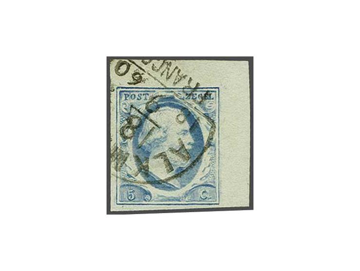 5 cent lichtblauw plaat IV pos. 80 met hoekvelrand, pracht ex.