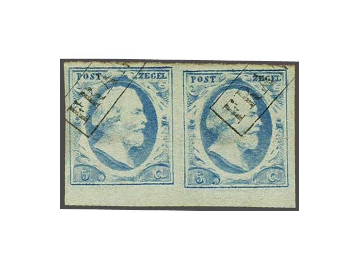 5 cent lichtblauw plaat IV pos. 99-100 in paar met velrand, pracht ex.