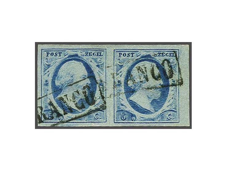 5 cent blauw plaat VI pos. 14-15 op dun papier in paar met velrand, pracht ex.