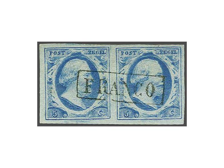 5 cent blauw plaat VI pos. 14-15 op dun papier in paar, pracht ex.