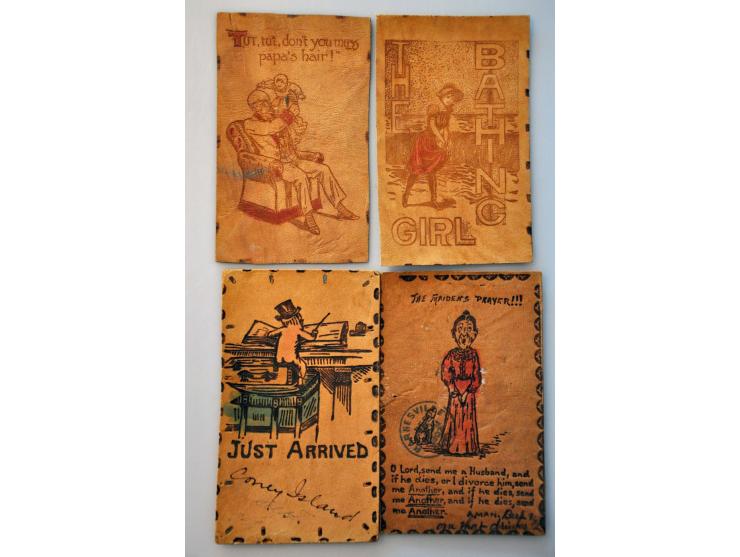 ca. 90 kaarten van leder gemaakt gemaakt in USA ca. 1920 in album