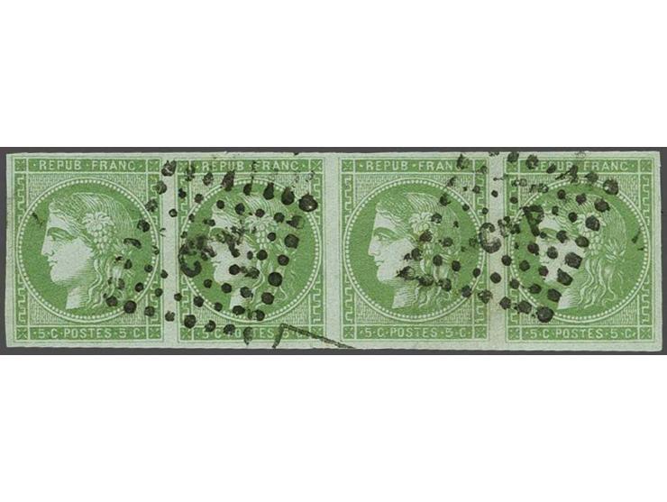 Bordeaux 5 centimes green yellow report 2 in strip of 4, very fine, cat.v. 1200