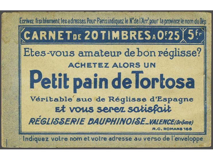Carnet with 20x Semeuse 25 centimes with advertisement Le Secours, faults (sheetlets stuck to cover and some small brown spot
