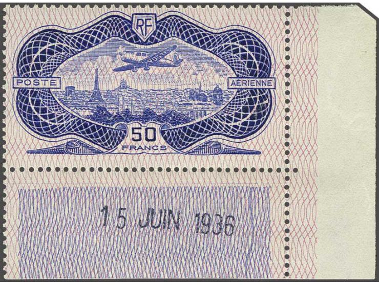 Airmail. Airplane over Paris 50 francs blue with corner sheet margin and printing date 15 juin 1936, very fine unmounted mint