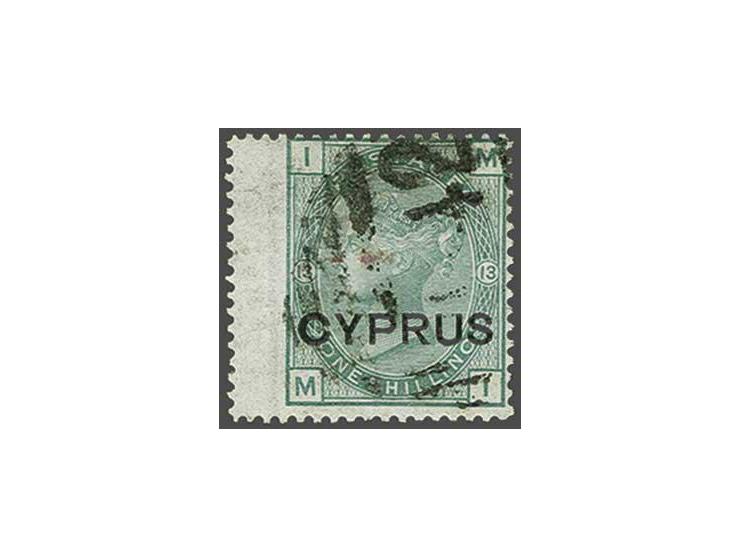 1s. green plate 13 of Great Britain lettered MI with wingmargin at left overprinted - Cyprus - cancelled 942 (Larnaca) a fine