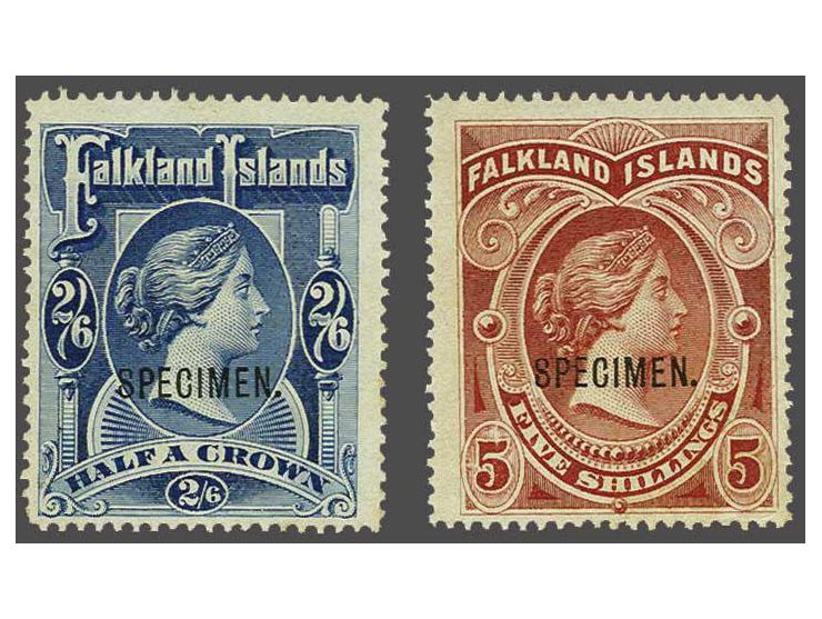 Victoria 2s6d. deep blue and 5s. red both overprinted - specimen -, a fresh set without gum, cat.v. £ (550)