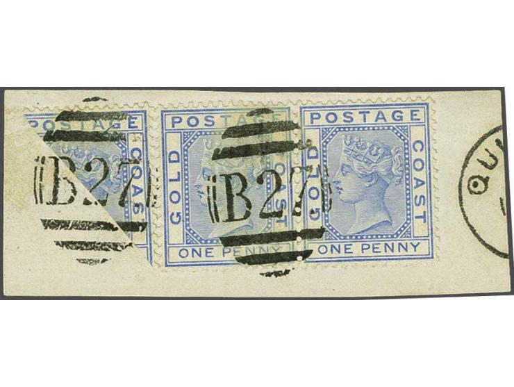 1d. blue bisected used as part of 2½ d. rate (plus pair 1d.) on piece cancelled with the B27 numeral of Quittah, a very fine 