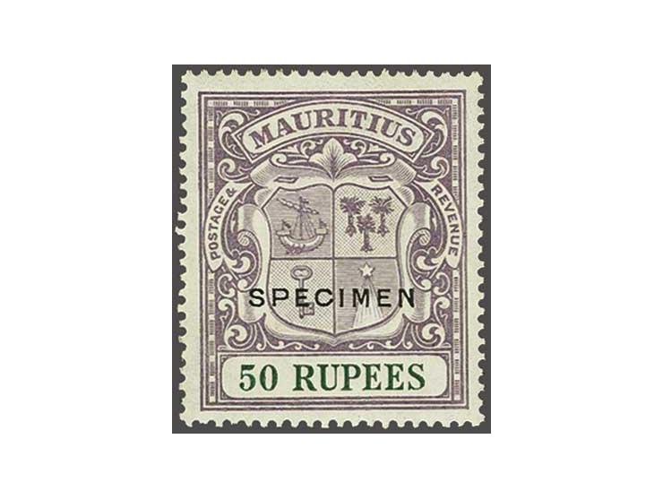 Coat of arms 50 rupees overprinted SPECIMEN, a very fine unused ex., cat.v. £ 400 