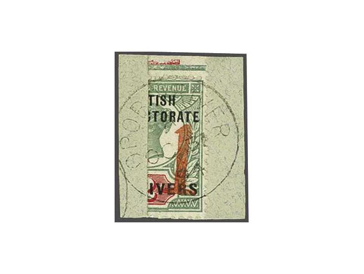 1894 Victoria  -1 - in red on a vertically bisected 2d. green and carmine top marginal ex. used on piece cancelled Opobo Rive