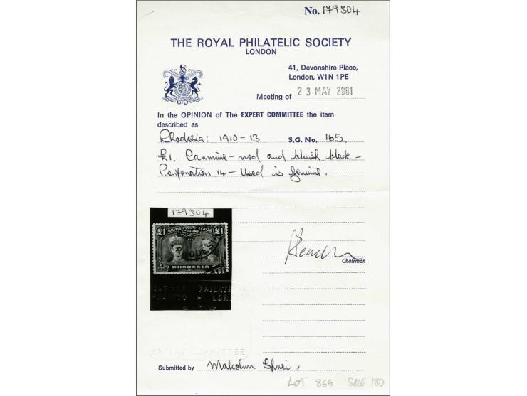 King George V and Queen Mary £ 1 carmine-red and bluish black perforation 14, a fine to very fine ex., with certificate RPS 2