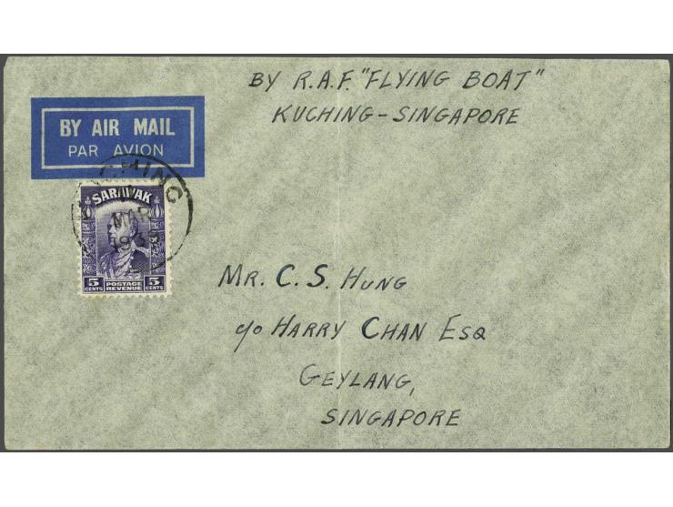 RAF service flight 1939, envelope flown from Kuching to Singapore, marked " By R.A.F. flying boat " and franked at 5 cents, n