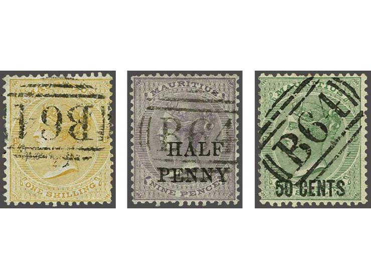 B64 numeral on stamps of Mauritius, collection (23 ex.) with Z25, Z31, Z38, etc., mostly fine to very fine, cat.v. £ 3000 