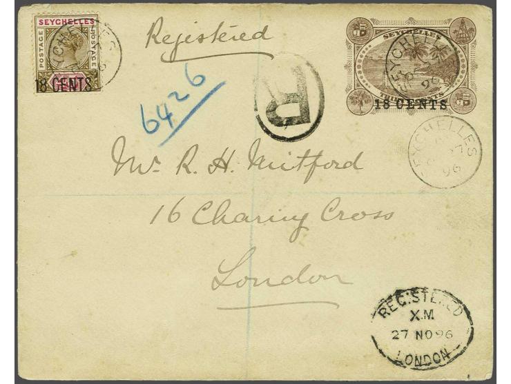 Provisional 1896 the 18 cents on 45 cents (broken top 8 of 18, pos. 4/2) on registered 18 cents on 30 cents postal stationary