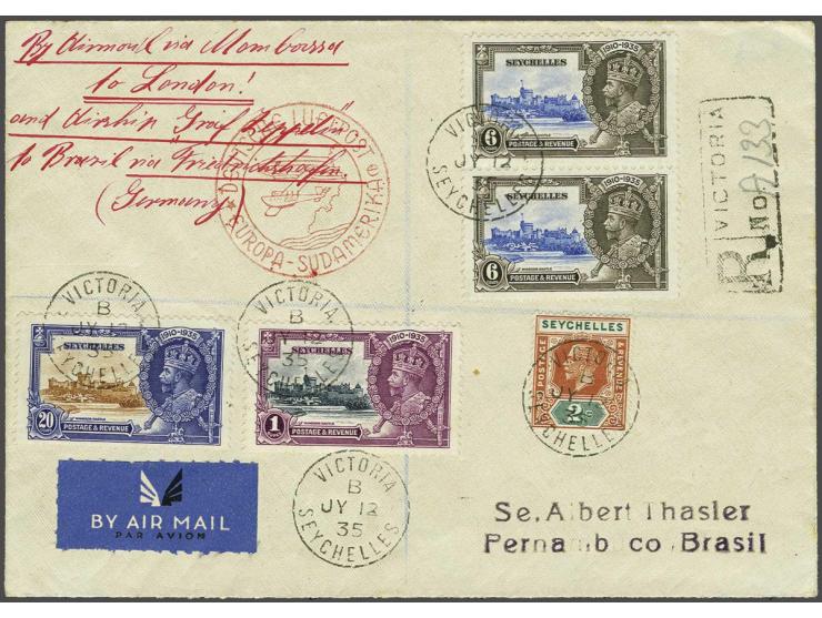 Registered Air Mail envelope flown in 1935 by Airship Graf Zeppelin to Brazil. The cover left Seychelles (July 17) by sea (SS