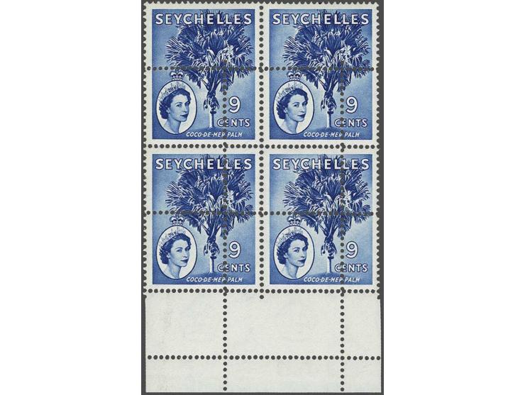 Coco de mer Palm 9 cents chalky blue in a marginal block of 4 ex. with the error double perforation  