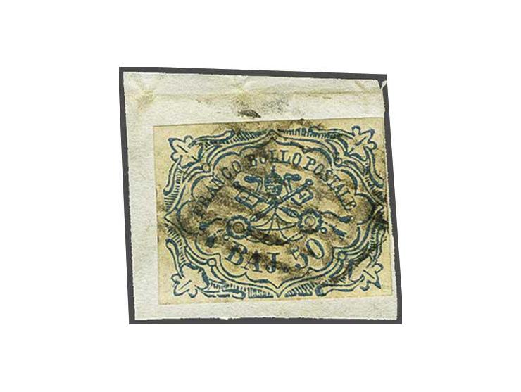 50 bajocchi blue on piece, very fine with 2018 Helmuth Avi certificate: Genuine with genuine cancellation, wide margins and i