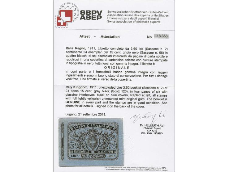 Booklets. Unexploded lire 3,60 booklet with 24 stamps 15 centesimi grey black (Sass. nr. 96) in 4 panes of 6 with glassine in