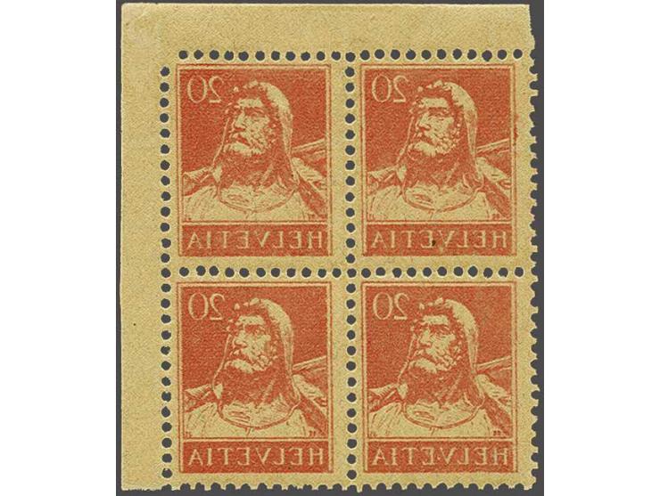 Wilhelm Tell 20 centimes orange red on yellow orange with variety complete mirrorprint at reverse in block of 4 with sheet co
