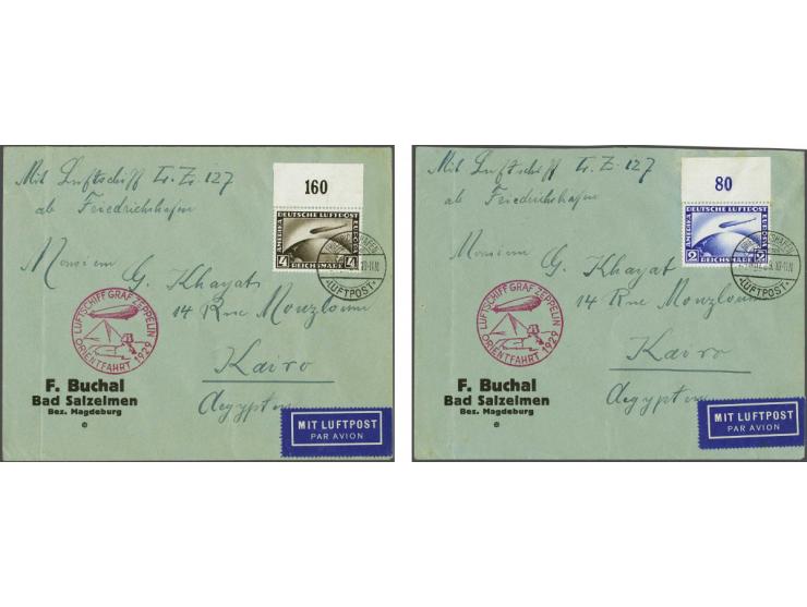 Orientfahrt from the Graf Zeppelin 1929. 2 and 4 mark, both with sheet margin, on 2 covers Friedrichshafen - Cairo without ar