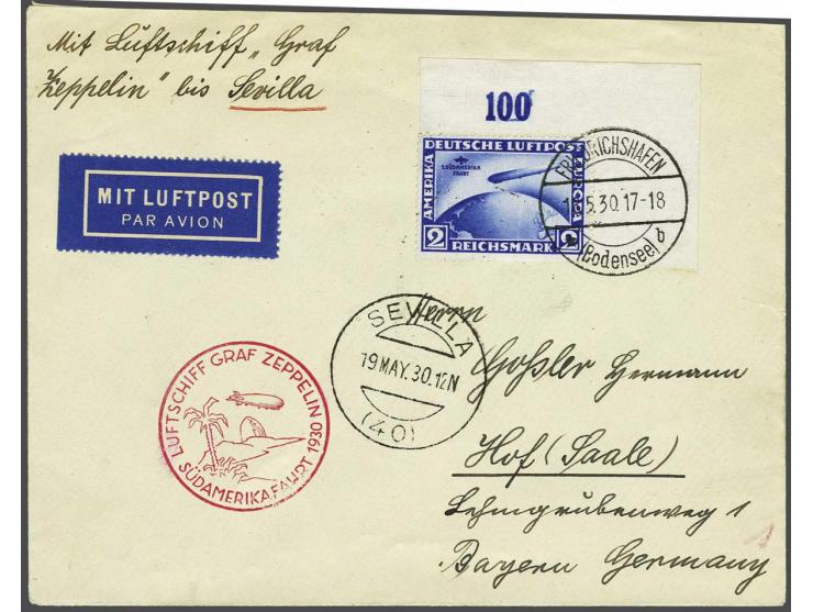 Südamerikafahrt 1930. 2 mark corner marginal on cover 18-5-1930, stage Friedrichshafen-Sevilla, with all the relevant cachets