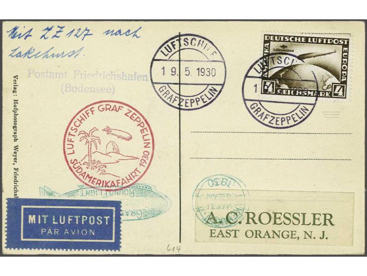 Südamarikafahrt 1930. 4 mark brown on picture postcard 19-5-1930, stage Friedrichshafen-Lakehurst, with all the relevant cach