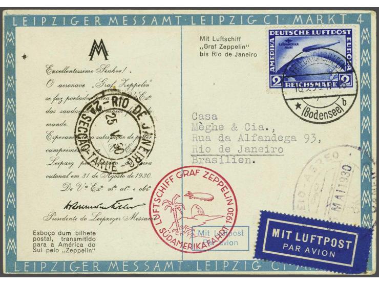 Südamerikafahrt 1930. Picture postcard franked with the 2 mark blue cancelled Friedrichshafen 18-5-1930 to Rio de Janeiro, ve