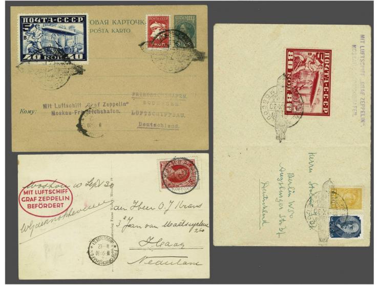 Rußlandfahrt 1930. Group of 3 consisting of card with the 40 kopeke, cover with the 80 kopeke and picture postcard with norma