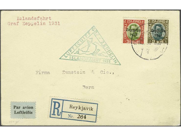 Islandfahrt 1931. Registered cover of the return flight with the special stamps of 30 aur and 2 kronur, very fine (opened at 