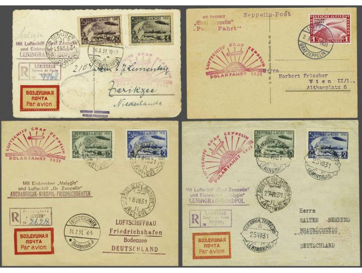 Polarfahrt 1931. Group of 4 covers/cards including on-board dispatched card with the 1 mark red to Vienna and 3 ex. with Russ