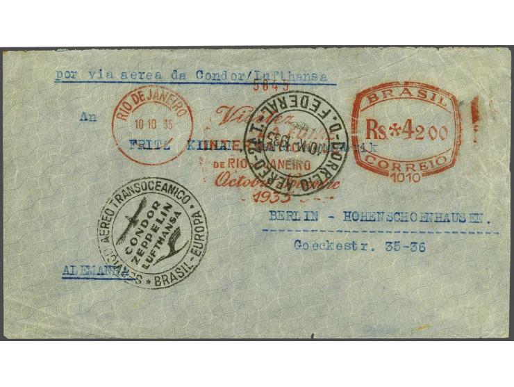 14th Südamerikafahrt 1935. Cover from Rio de Janeiro 10-10-1935 to Berlin with red meter mark of 4200 reis, very fine (some w