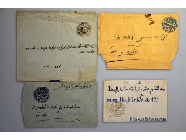 8 stampless covers around 1900 with octogonal courrier cachets in Arabic including Mogador in black and Saffi in violet and b