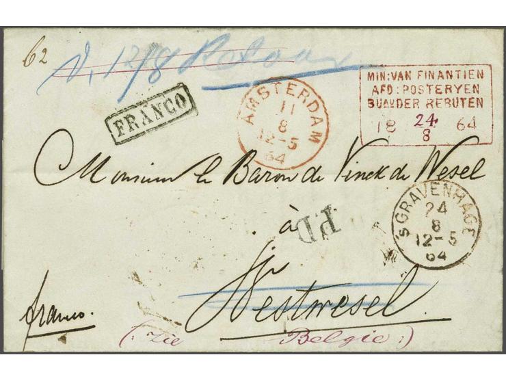 Complete, vooruitbetaalde, brief Amsterdam 11 aug 1864 aan Baron de Vinck de Wesel á Westwesel, door de post naar Wesel (D) v