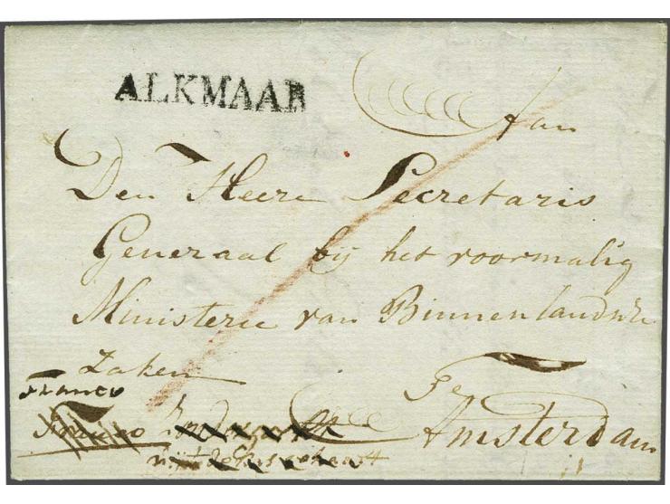  ALKMAAR pracht afdruk Massanstempel in zwart op complete frisse brief 5 Sprokkelmaand 1811 (februari) naar Amsterdam, portvr