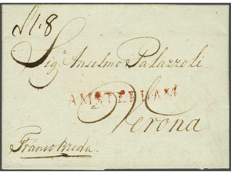  AMSTERDAM Massanstempel in rood, 51x5½ mm, (ca. 4 ex. bekend zonder C.H.1.er.R.) op frisse brief naar Verona 4 May 1810, ges