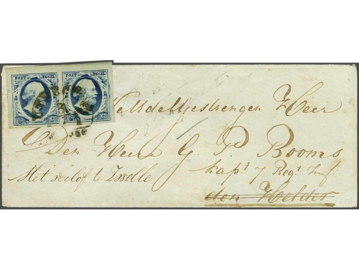 5 cent blauw plaat II pos. 76-77 in paar met hoekvelrand op envelop van Utrecht 5-7-1856 naar militair te Den Helder, geschre