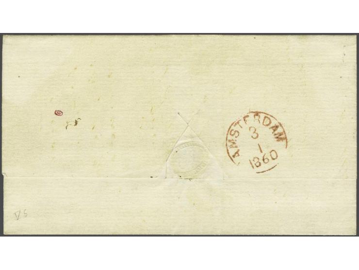 10 cent rood plaat V pos. 5 met velrand op briefomslag van Rotterdam 2-1-1860 naar Amsterdam, pracht ex. (zegel onder kort do