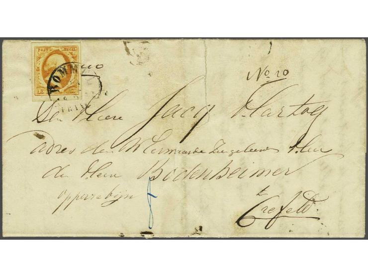 Bommel B (Ey 600) op 15 cent donkeroranje op vouwbrief 19-5-1852 via Kleef naar Krefeld, pracht ex. (brief enkele vouwtjes en