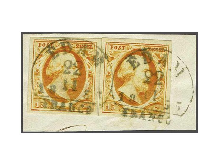 Edam B (Ey 250) 2x op 2 ex. 15 cent donkeroranje op fragment, pracht ex.