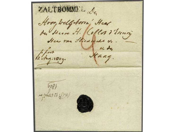  ZALTBOMMEL pracht afdruk Massanstempel in zwart op brief Bommel 11 aug 1809 naar den Haag, port 4 St., achterzijde notitie N