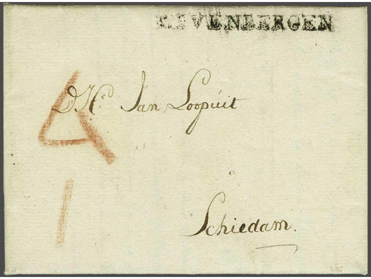ZEVENBERGEN licht vlekkerige afdruk Massanstempel in zwart op brief Sept 1809 naar Schiedam, port 4 en I St., zeldzaam stempe