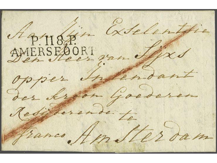 P.118.P AMERSFOORT in zwart, pracht afdruk op frisse brief Loo 1 mei 1811 naar Amsterdam, 3 déc vooruitbetaald port