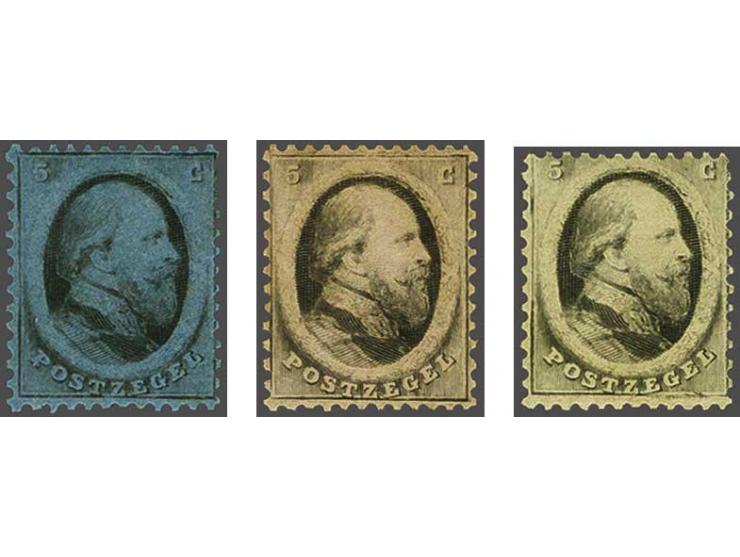 Kleurproeven 5 cent zwart op lichtblauw, zwart op geel en zwart op geelbruin getand 12½ x 12, pracht ex.