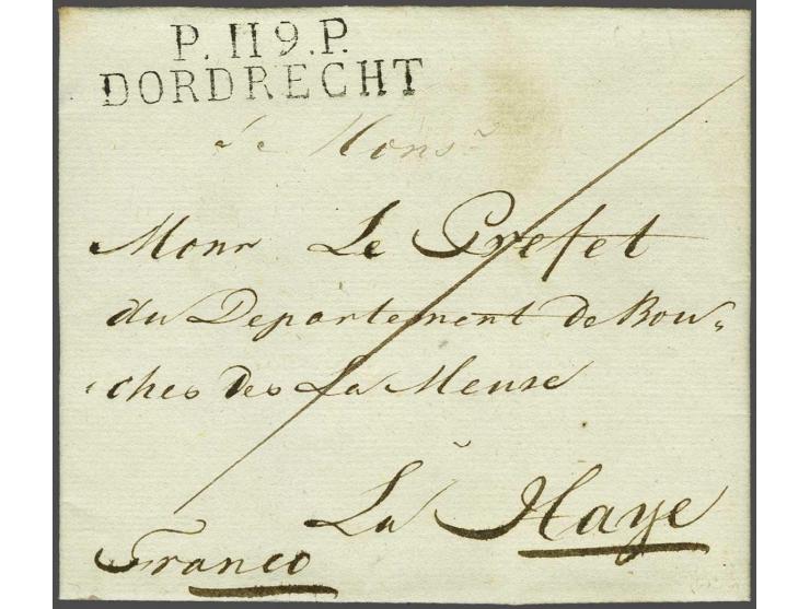 P.119.P. DORDRECHT in zwart, pracht afdruk op frisse brief 6 Juin 1812 naar la Haye, 3 déc vooruitbetaald port