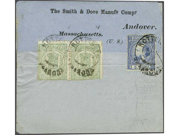 5 cent blauw type II en Rijkswapen 1 cent groen in paar op krantenbandje van Rotterdam 6-4-1872 naar Andover, Mass. (USA). Fr
